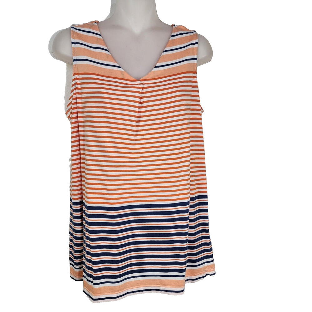 Talbots Tank Top Petite Womens Small Orange Preppy Stripe Classic Pleats V Neck
